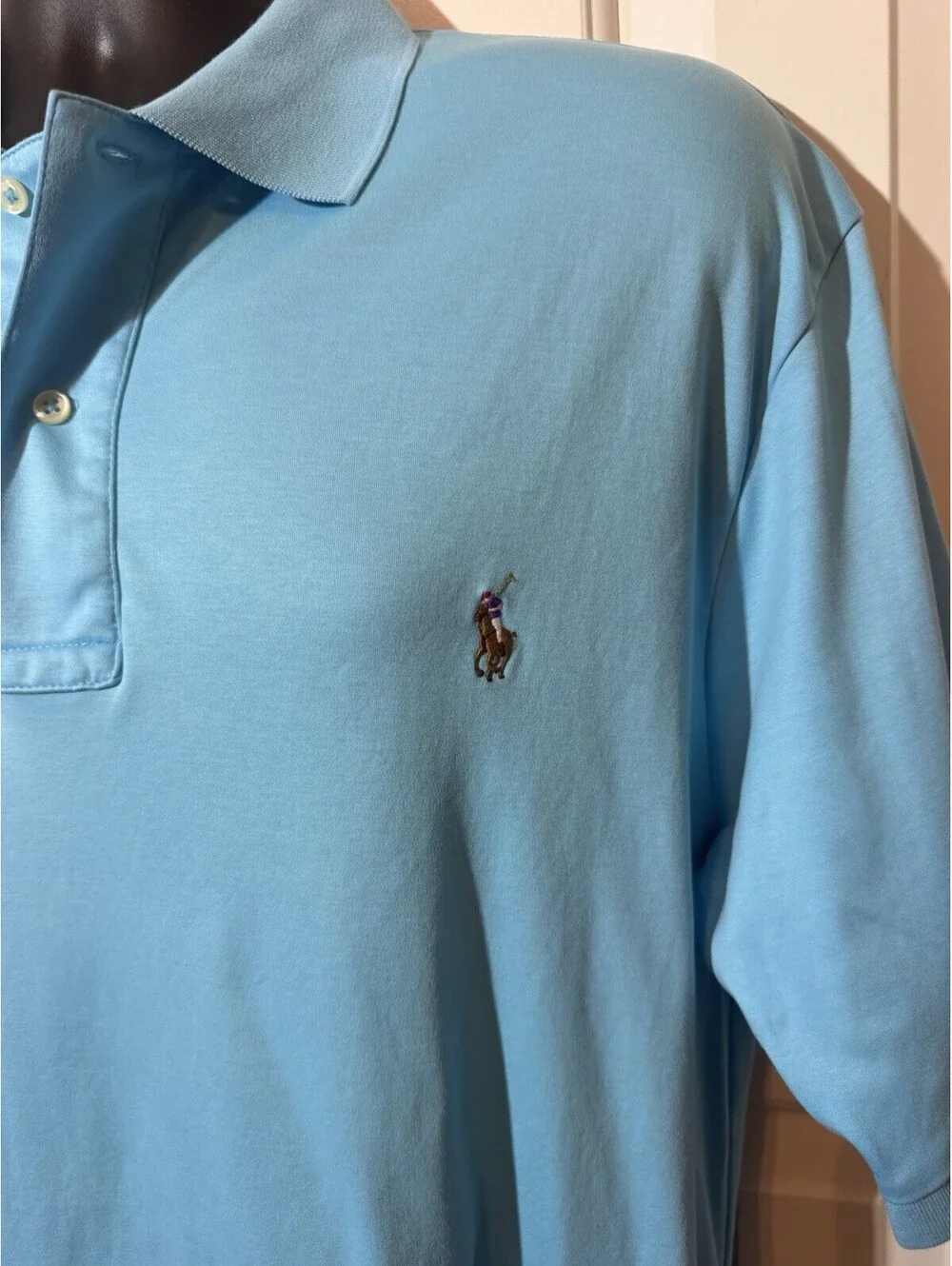 Polo Ralph Lauren 100% Cotton Golf Shirt Mens L/T Aqua Blue Orange Pony
